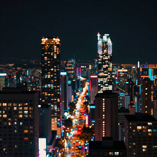 Nighttime cityscape photograph of a bustling urban skyline, featuring brightly lit skyscrapers, colorful neon lights, and a glowing, busy street below.