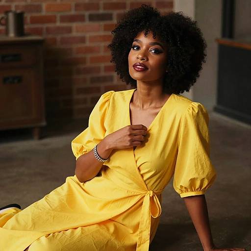 Photograph of a beautiful Black woman with natural afro, wearing a bright yellow dress, sitting against a brick wall background.