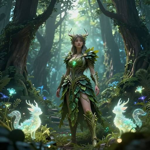 Digital fantasy artwork of a green-skinned, leafy armored forest fairy with glowing antlers and ethereal blue-white creatures in a mystical, moonlit