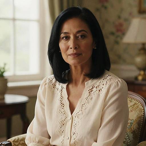 Photograph of a middle-aged woman with black shoulder-length hair, wearing a white lace blouse, sitting in a floral-patterned room.