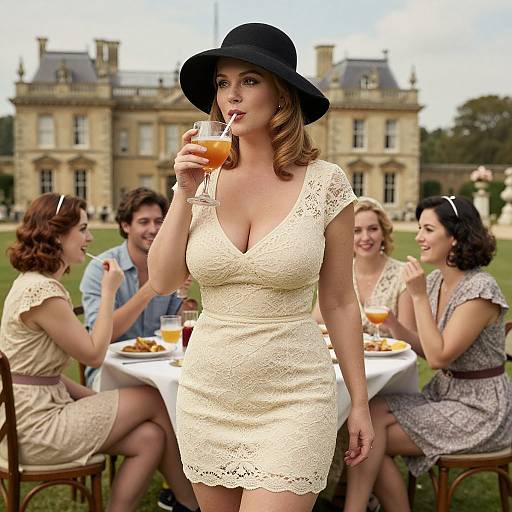 Photograph of a curvy woman in a white lace dress and black hat, sipping a drink, standing in front of a group of people dining
