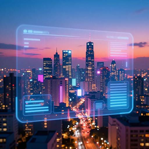 Photograph of a futuristic cityscape at dusk, viewed through a transparent digital interface with neon blue lines and icons, showcasing illuminated skyscrapers and a
