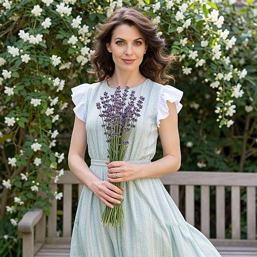 Photograph of a smiling woman with wavy brown hair, wearing a white pinstriped dress, holding a bouquet of lavender flowers, standing in