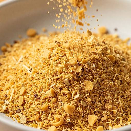 Close-up photograph of a metallic bowl filled with golden, textured crumbs and small pieces, illuminated by bright sunlight.