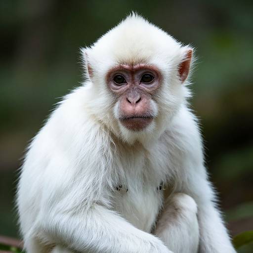 Photograph of a white-faced monkey with fluffy white fur and pinkish-brown face, sitting against a blurred green forest background.