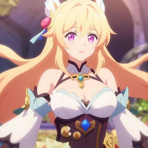Anime-style digital drawing of a blonde, purple-eyed female character with large breasts, white and black fantasy armor, and blue gem accents.