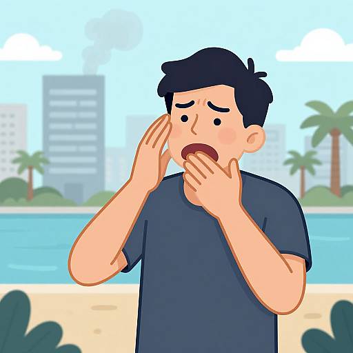 Digital cartoon of a man with black hair, wearing a dark blue shirt, coughing with hands covering his mouth on a beach. Background includes blue sky