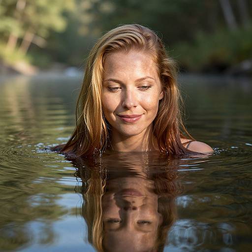 Photograph of a smiling, wet, light brown-haired woman with sunlight reflecting in the water, partially submerged in a forested lake.