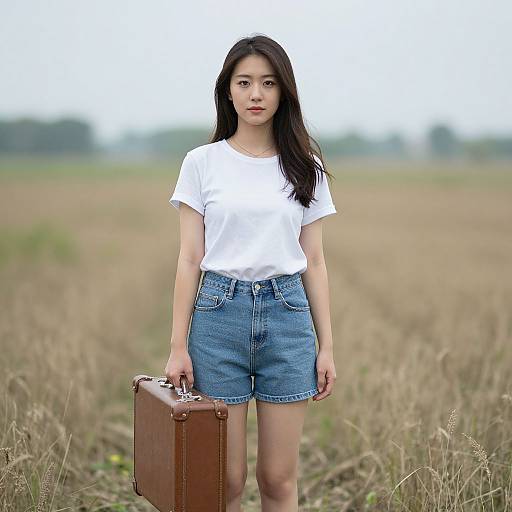 Photograph of an Asian woman with long black hair, wearing a white t-shirt and blue denim shorts, holding a brown suitcase, standing in a vast