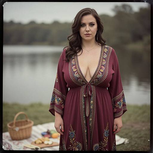 Photograph of a curvy woman with long dark hair, wearing a deep burgundy, embroidered dress with a low neckline, standing by a lakeside