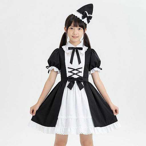 Photograph of an Asian girl in a black and white traditional French maid outfit with puffed sleeves, bow, and hat, standing against a plain white