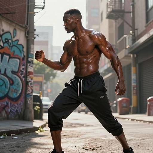 Photograph of a muscular, shirtless Black man with glistening, dark skin, wearing black sweatpants, running on a sunlit, graffiti-filled