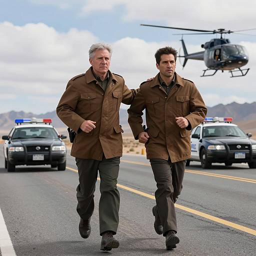 Two Male Officers Running on Desert Highway