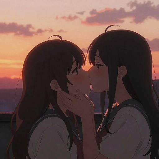 Digital anime-style drawing of two girls kissing at sunset, wearing sailor uniforms, with one girl gently holding the other's face. Pink-orange sky in the