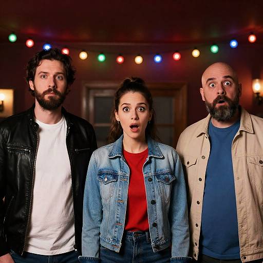 Three People Surprised in Dimly Lit Room with String Lights