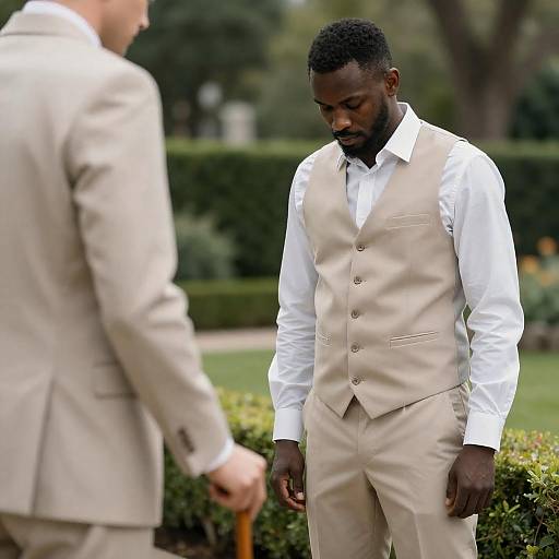 Men in Lush Garden with Cane Exchange