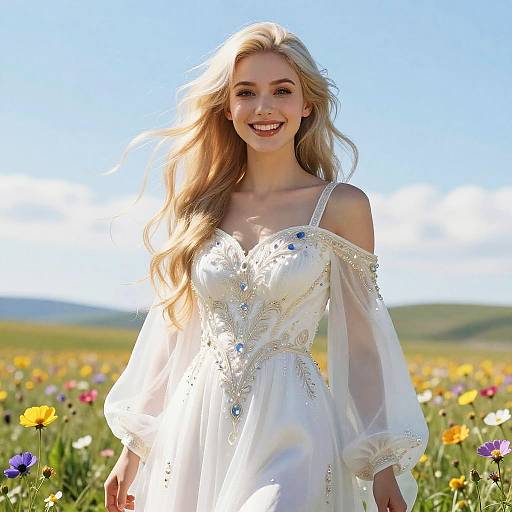 Smiling Woman in White Embroidered Dress in Flower Meadow