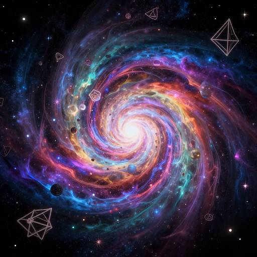 Vibrant, swirling galaxy with colorful nebulae, stars, and geometric shapes in a dark, starry background. Digital art depicting cosmic beauty