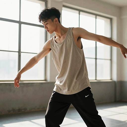 Photograph of a young Asian man with curly black hair, wearing a loose white tank top and black Nike pants, dancing in a sunlit, industrial