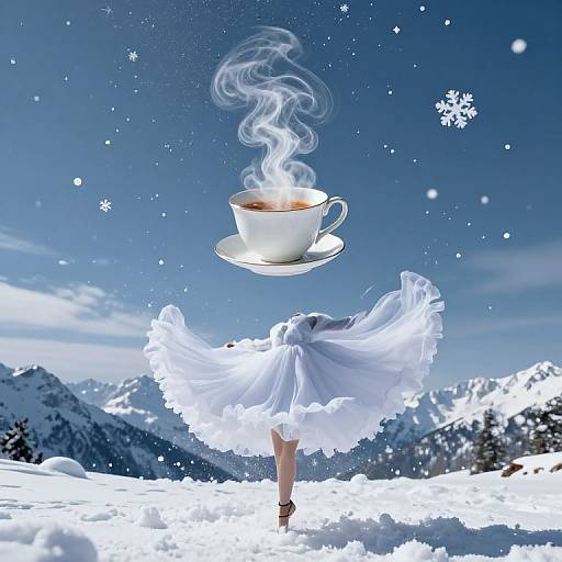 Magical photograph of a white-skirted woman's legs in snowy mountains, with a floating steaming white teacup above, blue sky,
