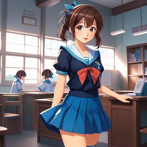 Digital anime drawing of a cute, brown-haired girl in a blue sailor school uniform with red bow, standing in a bright classroom with two other students and
