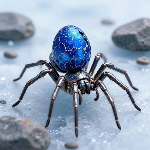 Photograph of a blue, iridescent spider with black legs and hexagonal patterns, standing on a shiny, frosty surface with blurred grey rocks