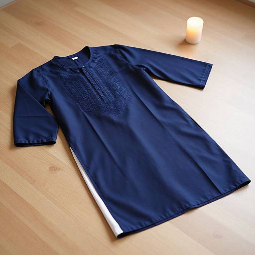 Photograph of a navy blue long-sleeve dress with intricate embroidery on the chest, lying on a light wooden floor, next to a softly glowing