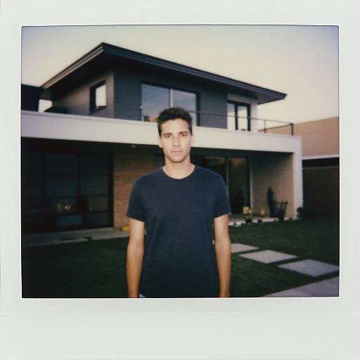 Photograph of a young man with short dark hair, wearing a black t-shirt, standing in front of a modern, two-story black and white house