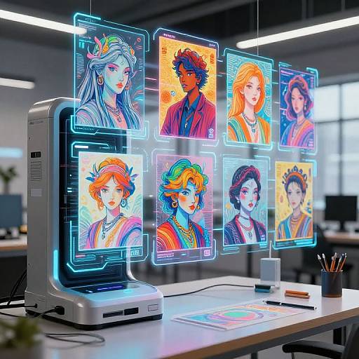 Digital art workstation with glowing neon portraits of diverse, colorful characters on holographic screens, illuminated by office lighting. Modern, vibrant, futuristic.
