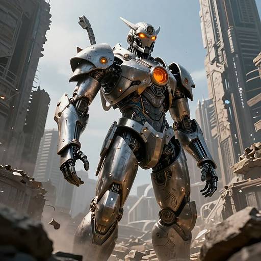 CGI image of a towering, silver robotic warrior with glowing orange eyes and chest plate, standing amidst a ruined, futuristic cityscape.