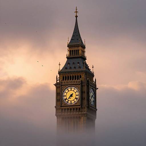 Photograph of Big Ben's clock tower silhouetted against a pastel pink and purple sunset sky, with mist partially obscuring the lower section