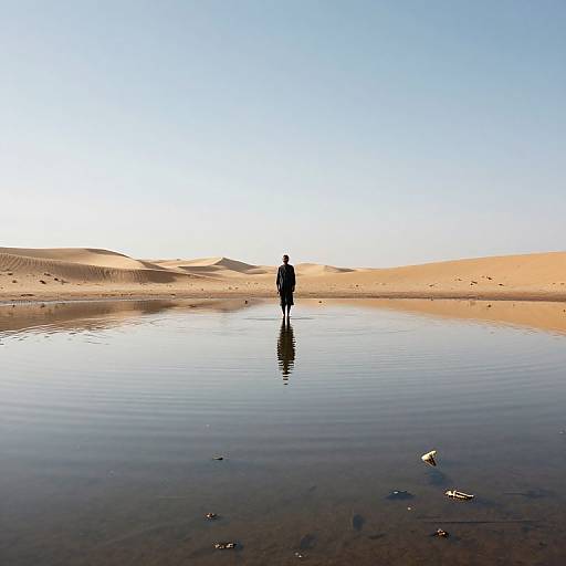 Silhouetted person stands in reflective desert water pool, surrounded by sand dunes under a clear blue sky. Photorealistic photograph.