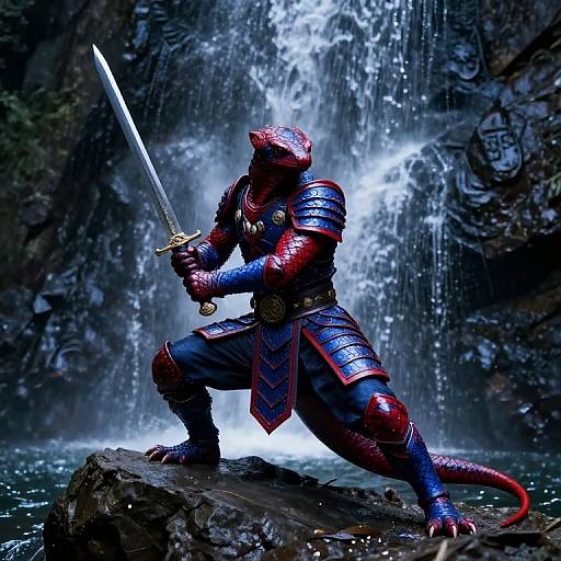 Digital artwork of a red-scaled, armored, humanoid lizard warrior with a sword, kneeling on a rock under a cascading waterfall.