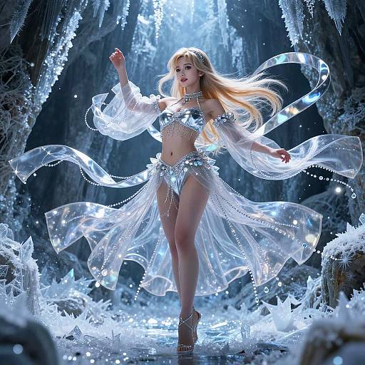 Digital art of a blonde woman in a silver, glittery, transparent dance outfit, with flowing sleeves and high heels, dancing in a glowing, icy