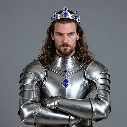 Photorealistic portrait of a stern, long-haired man with a beard, wearing silver armor and a blue-encrusted crown, arms crossed,