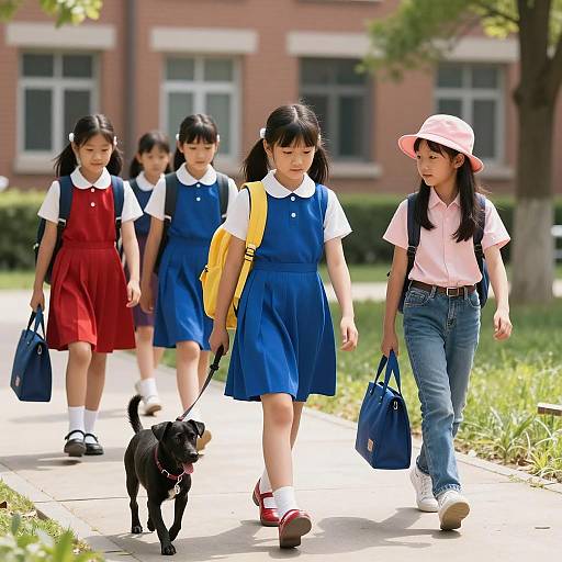 Schoolgirls Walking Path with Black Dog
