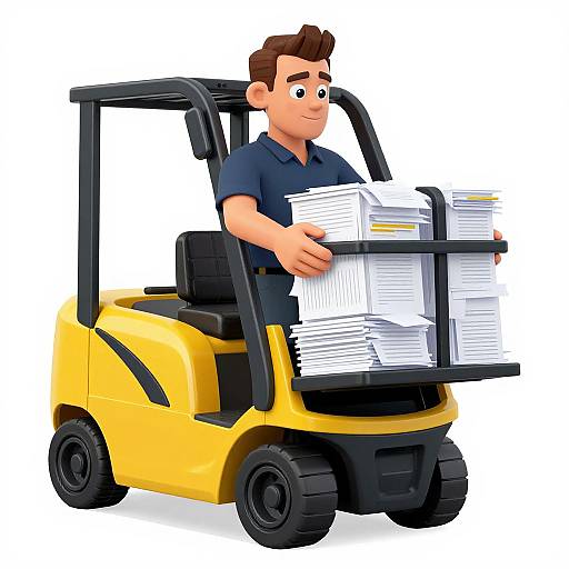 Cartoon illustration of a smiling, brown-haired man in a dark blue shirt, driving a yellow forklift with stacks of white papers in the front
