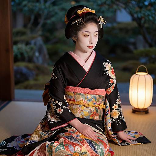 Photograph of a Japanese woman in an ornate black kimono with colorful floral patterns, seated by a glowing lantern, traditional Japanese garden background, evening