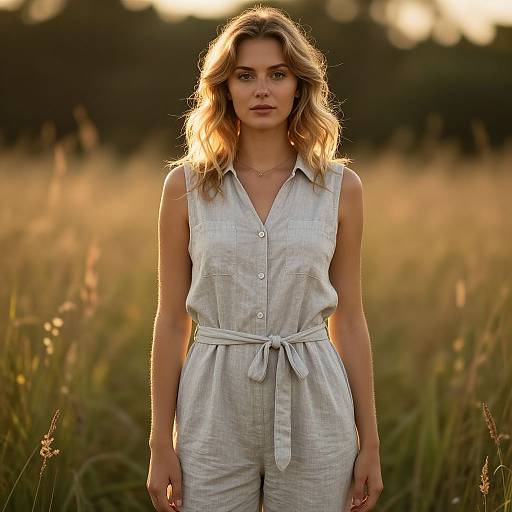 Photograph of a blonde woman with wavy hair, wearing a light gray sleeveless romper, standing in a sunlit field of tall grass.