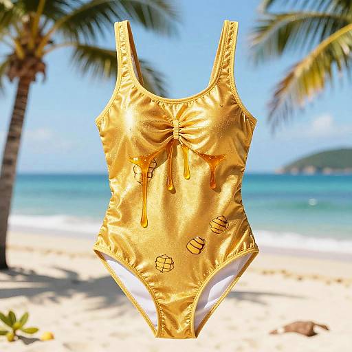 Photograph of a shiny, gold one-piece swimsuit with drawstrings and small graphic designs, hanging in front of a sunny, tropical beach with palm