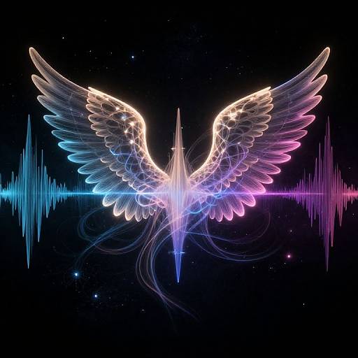 Digital artwork of a radiant, neon-colored angel with glowing wings spreading against a dark, starry background, with vibrant, multicolored frequency lines.
