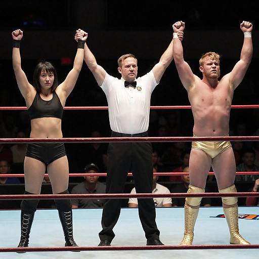 Three Wrestlers Celebrating Victory Photo
