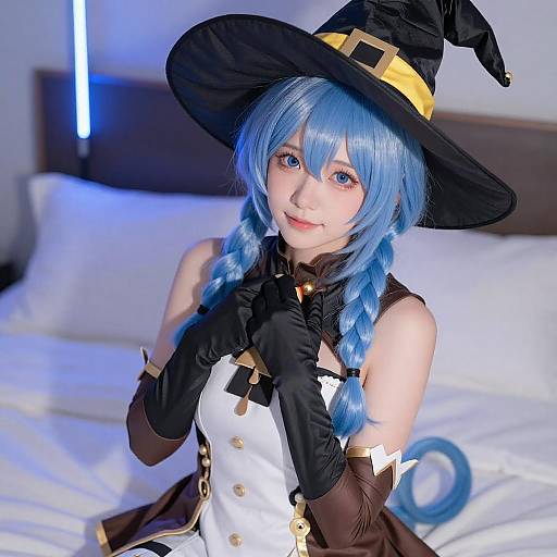 Cosplay Woman with Blue Hair and Witch Hat