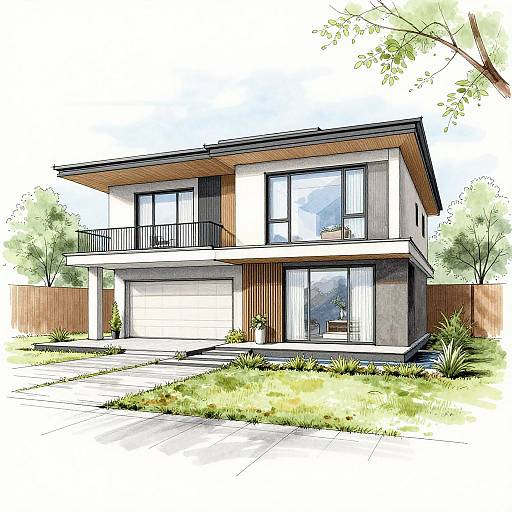 Modern two-story house with flat roof, large windows, wooden accents, balcony, garage, and lush green lawn in a suburban setting.