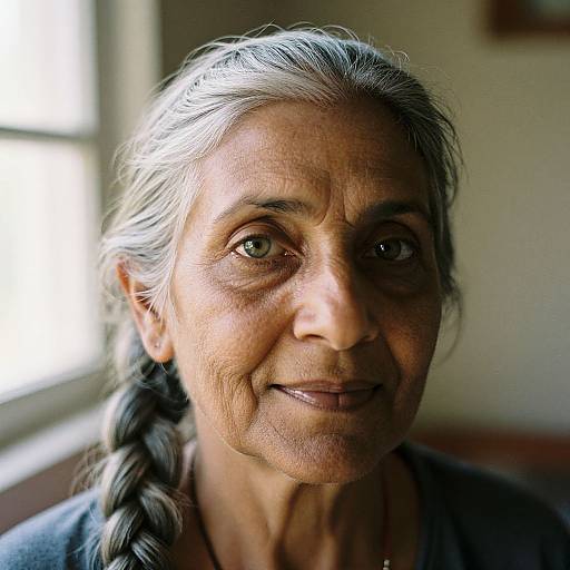 Photograph of an elderly woman with gray braided hair, wrinkled skin, and warm brown eyes, smiling softly in natural light.
