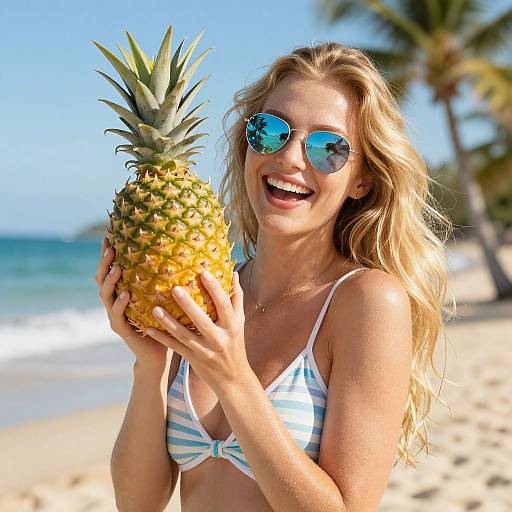 Blonde woman in striped bikini, round sunglasses, holding pineapple, smiling on sunny beach with palm trees and blue ocean background. Photograph.