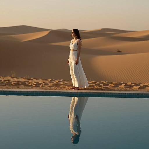 Photograph of a pregnant woman in a flowing white dress standing by an infinity pool, reflecting in the water, with golden desert dunes in the background