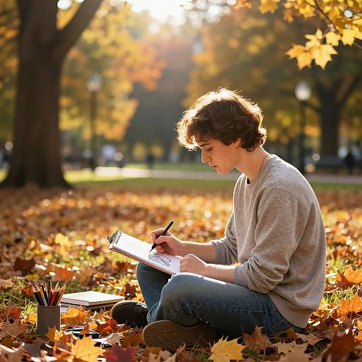 Young Artist Sketching in Autumn Park