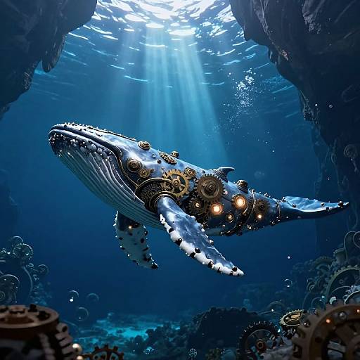 Photograph of a steampunk-style, cybernetic blue whale with glowing gears and lights, swimming in a dark, underwater cave illuminated by sunlight