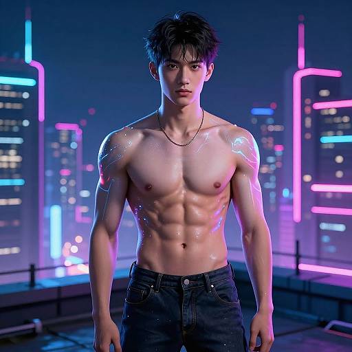 CGI image of a muscular, shirtless Asian man with short black hair, neon-lit cityscape background, wearing dark jeans and a gold chain